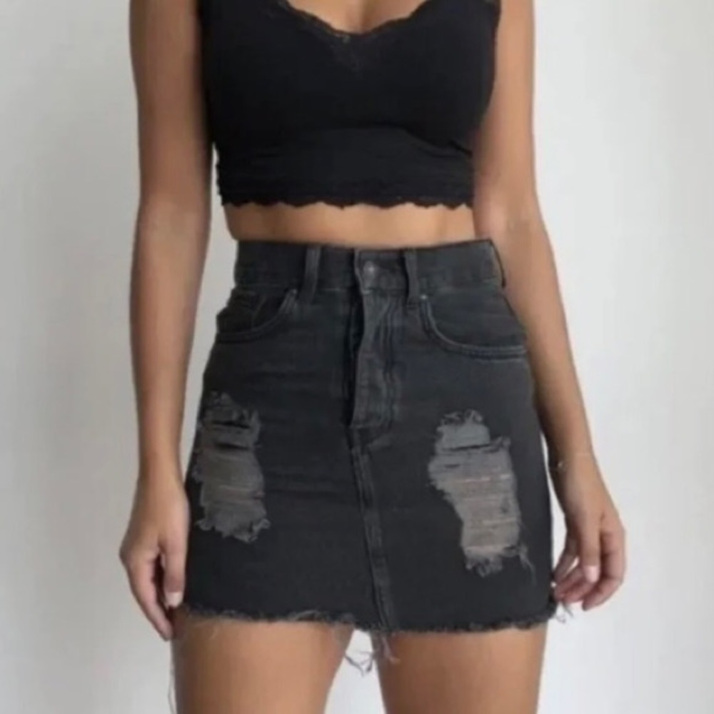 Forever 21 ripped black denim, button fly, raw edge, mini skirt - junior size L